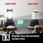 Two LED car light bulbs shown side by side on a dark surface, labeled '3030 CHIP' and '3528 CHIP' in red text, with a small green 'VW' marker and promotional text at the bottom about brighter 8X chips.