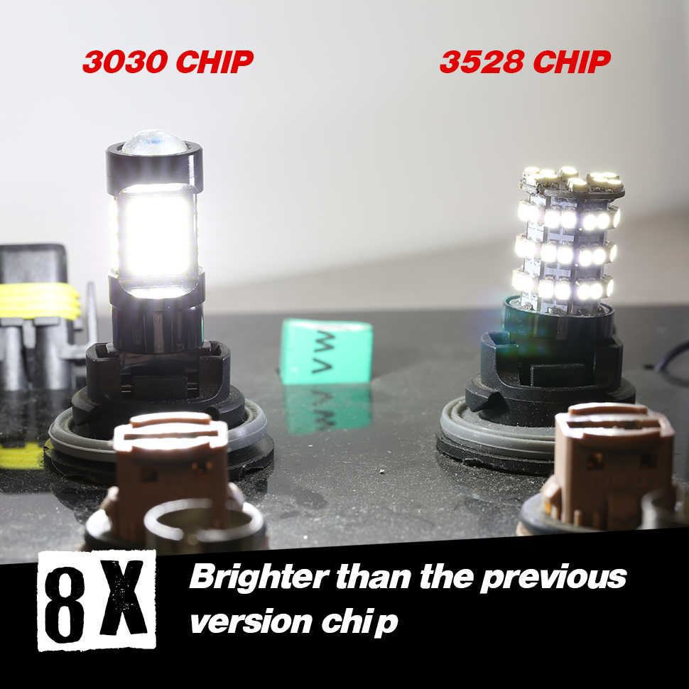 Two LED car light bulbs shown side by side on a dark surface, labeled '3030 CHIP' and '3528 CHIP' in red text, with a small green 'VW' marker and promotional text at the bottom about brighter 8X chips.