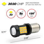 A 3030 LED wide-angle car light bulb with a black lens, silver metal base, and yellow LED chips, shown on a white background with feature callouts and dimensions.
