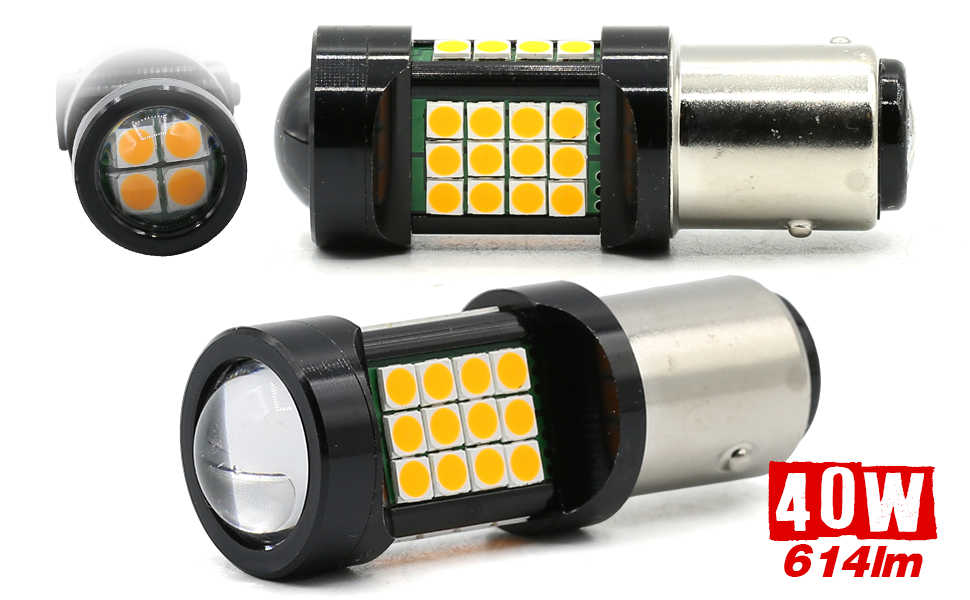 Two 40W 614m LED car light bulbs shown on a white background, with one bulb viewed from the front and the other from the side, plus a red text overlay reading '40W 614m'.