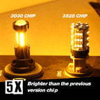 Two automotive LED light bulbs shown side by side on a dark surface under warm yellow lighting. The left bulb is labeled '3030 CHIP' and appears brighter with a single vertical LED strip.
