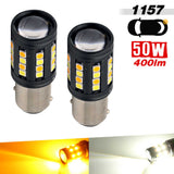 Two LED 1157 bulbs with specifications on a white background
