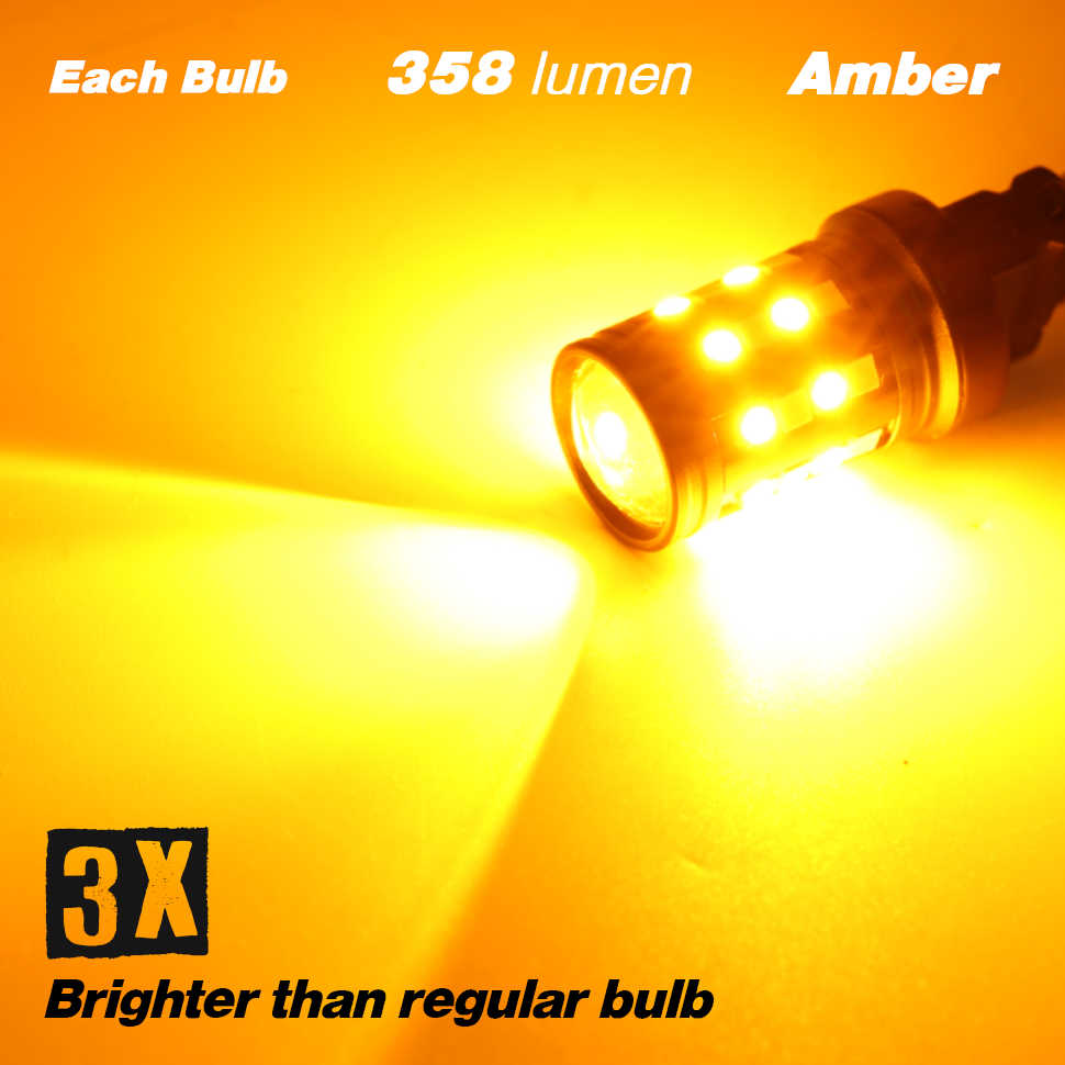 Amber LED bulb with specifications on a yellow background