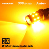 Amber LED bulb with specifications on a yellow background