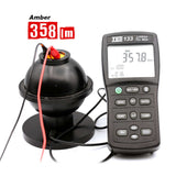 Luminous flux meter with digital display and light bulb on a white background
