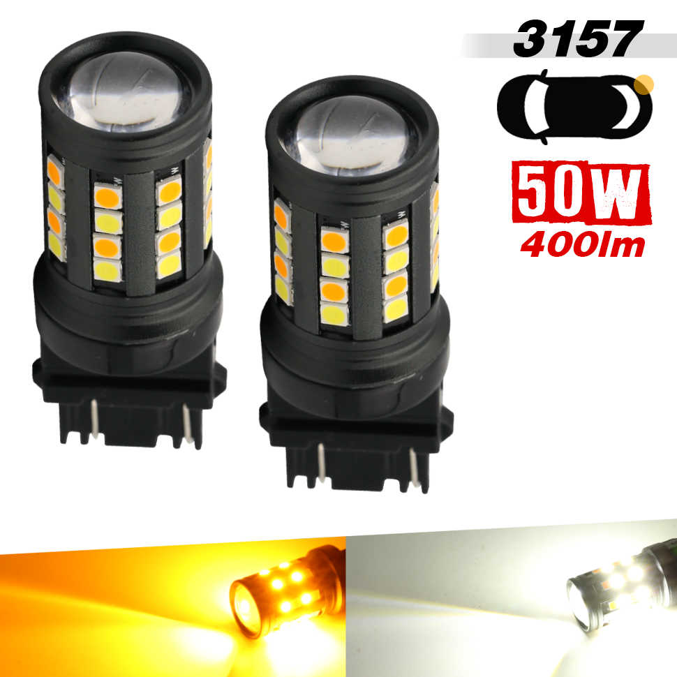 Two LED 3157 bulbs with specifications on a white background