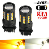 Two LED 3157 bulbs with specifications on a white background