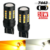 Two jcwin auto 7443 LED bulbs with specifications on a white background