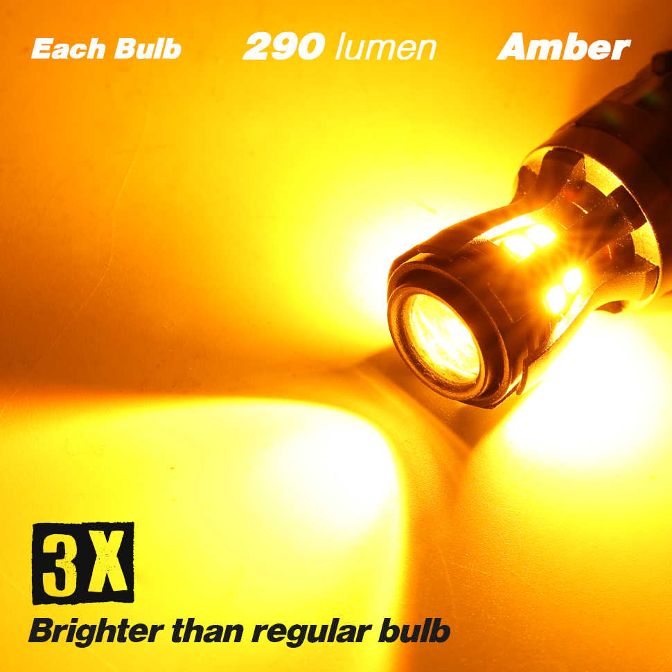 Amber light bulb with specifications on a yellow background