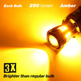 Amber light bulb with specifications on a yellow background