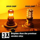 Two LED bulbs with labels indicating '2835 CHIP' and '3528 CHIP' on a yellow background.