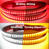 LED strip lights showing red for braking and driving, white for reversing, and yellow for turning signal on a split background.