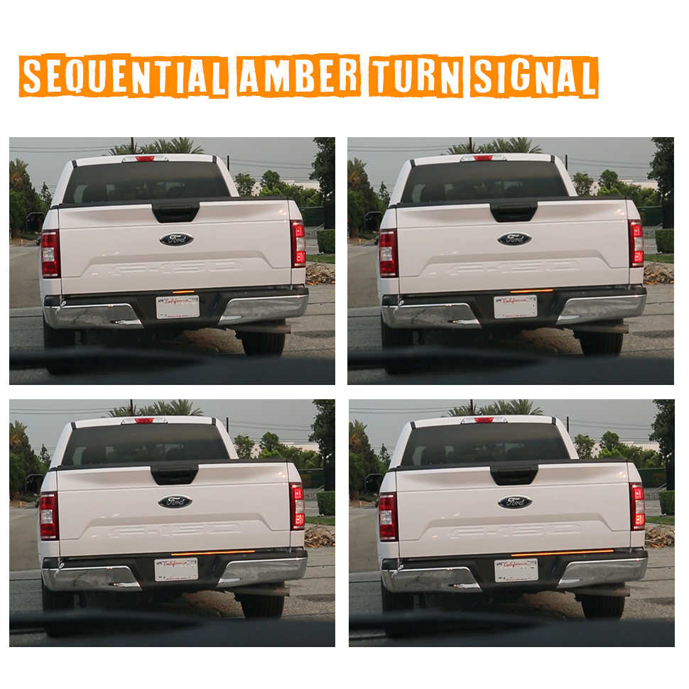White truck showing sequential amber turn signal lights in four different stages.